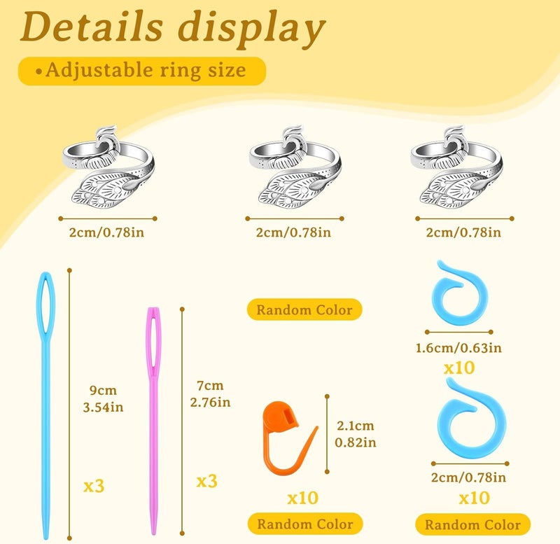 Yizzvb 3 Pcs Crochet Ring+30Pcs Stitch Markers, Knitting & Crochet Accessories Set, Adjustable Tension Rings for Finger Yarn, 6 Large Eye Blunt Needles for DIY Crafts,Crocheters Knitters - Image 2